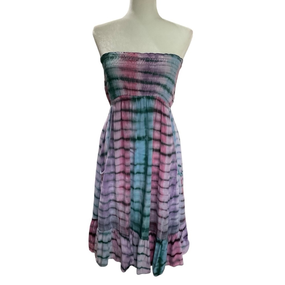 Earthbound Dress Womens S Multicolor Tie Dye Strapless Smocked Midi w/pockets - Picture 2 of 8